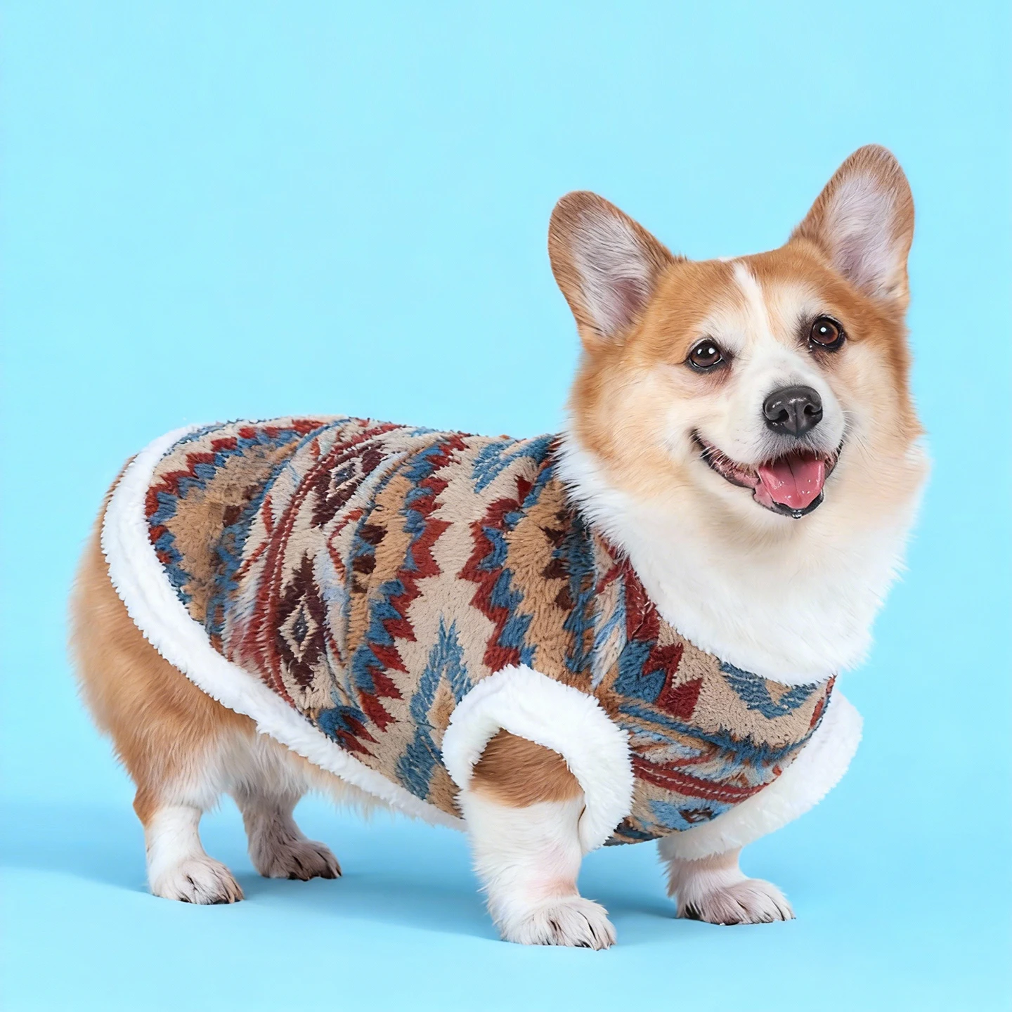 犬用コート：秋冬期のフリース裏地と几何学模様が特徴のリラックススタイルアイテム