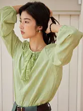 レースフリルデザインのブラウス【秋季・女性用・ゆったり長袖】