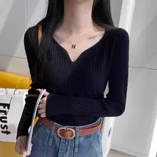 女性用 Vネックとスクエアネックのニットセーター【秋冬用・リブ編み・長袖・フィット感あり】