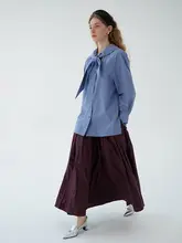 LINGYILI 春シリーズ グレー・ブルーのネイビースタイル 80サイ綿のリボン付きシャツ