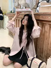 春にぴったり！ピンクのリボン付きストライプ長袖シャツ【女性用・韓国風】