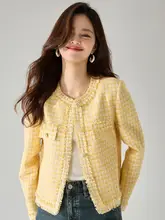 秋季 フランス風 イエロー ショート ツイードコート【エレガント・フリンジデザイン】