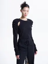 LEDIM WANG シルバー糸透かし編みニットトップス【秋用・フリルデザイン・ブラック・長袖】