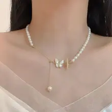 天然淡水パールネックレス【貝母の蝶々ペンダント・個性的デザイン・ロックスタイル】
