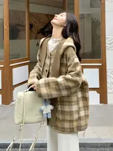 チェック柄スカーフ付きフード付きリバーシブルウールコート【春秋用・デザイン性・若返り効果】