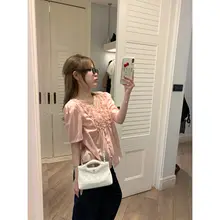 薄手の天絲衬衫【フリル付き・ローズ柄・フレンチスタイル】（セットアップ対応）