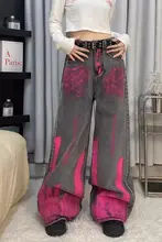 ストリートスタイルのデニムパンツ【ユニセックス・レトロ風・グラフィックプリント・ワイドストレート】