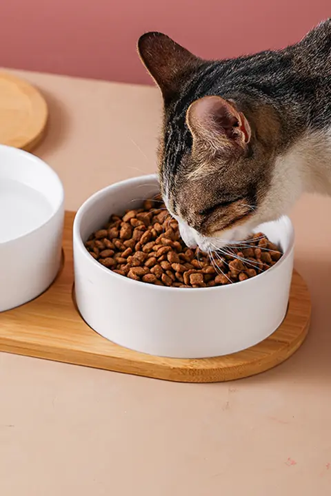 陶器製ペット用食器【シンプルデザイン・木製スタンド・キャット＆ドッグ用・二重食器・防倒れ】