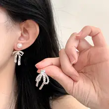 レースフリルリボンパールイヤリング【穴あけ不要・高級感・上品デザイン】