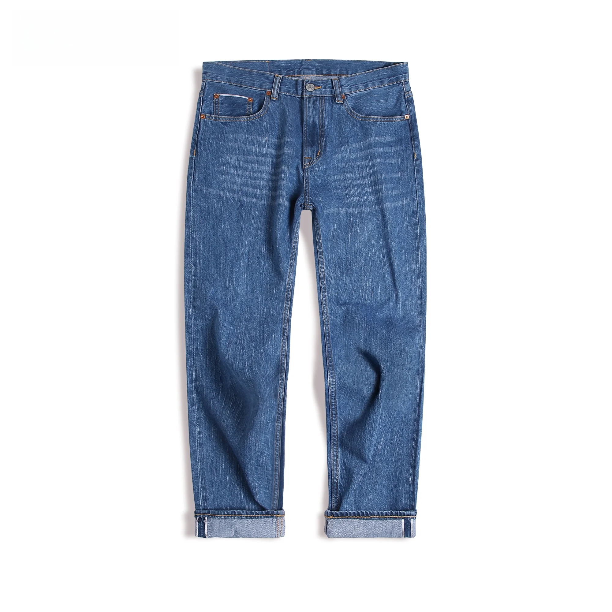 夏用メンズワイドストレートデニムパンツ：赤耳牛仔布のウォッシュ加工とカジュアルスタイルの実用性