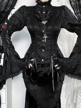 ハロウィン向けダーク風ゴシックセクシートップス【長袖・黒・タイトスカート・セクシー】（セットアップ対応）