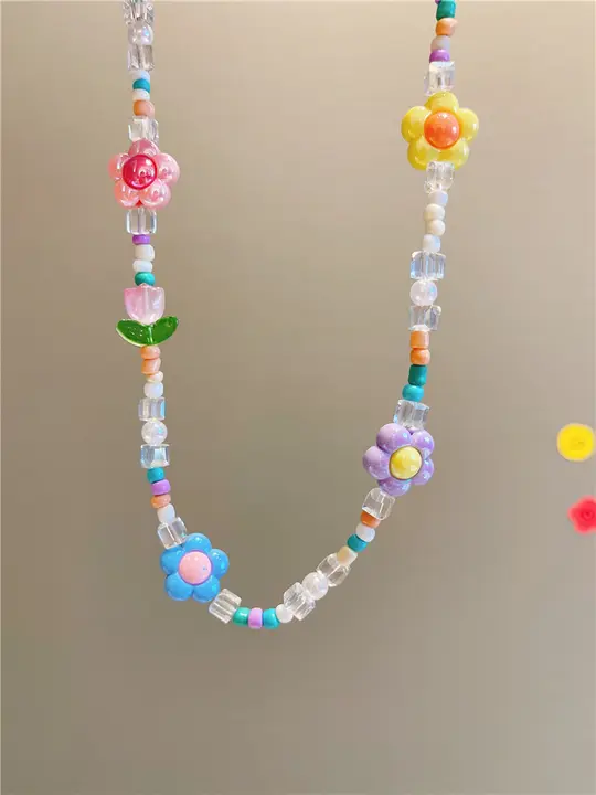 子供用カラフルなチューリップと花のクリスタルビーズネックレス【女の子用・デコレーションジュエリー】