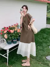 カラーコンビネーションのTシャツワンピース【女性用・ロング・フィッシュテール・夏用・体型カバー・カジュアル】