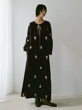 フランス風レトロデザインのワイドAラインサテン刺繍ランタンスリーブワンピース