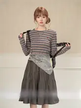 春用のカジュアルストライプ長袖Tシャツ【ゆったりフィット・レトロデザイン】