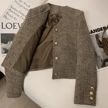 カーキ色Vネックチェック柄ジャケット【短丈・フレンチスタイル】