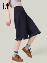 デニムハーフパンツ レディース フリルデザイン インディゴ ハイウエスト ワイド ルーズ 「it:CHOCOOLATE」