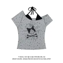 星柄プリントの斜め肩短袖Tシャツ【レディース・夏用・シルエットを美しく見せるデザイン・ショート丈】
