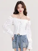 エレガントな白のオフショルダー長袖シャツ【デザイン性・春用・肩出し】