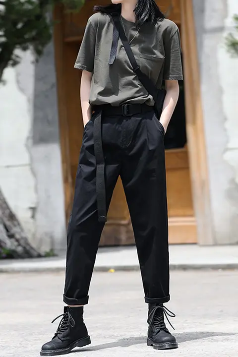 夏用 薄手 ブラック ワークパンツ【ストレート・カジュアル・ハーレンスタイル】（セットアップ対応）