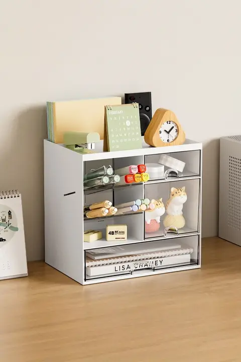 デスク用収納ボックス【引き出し式・透明・文房具や化粧品の収納に最適】