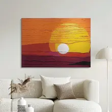 日出風景の手描き油絵【モダンシンプル・リビングルーム用・横幅デザイン】