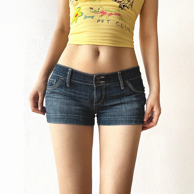 美式レトロ風 ローライズデニムショートパンツ【体型カバー・パーフェクトヒップライン】（セットアップ対応）
