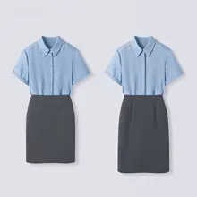 ブルーの職業用ブラウス【夏用・短袖・スリムフィット・大学生向け】（セットアップ対応）