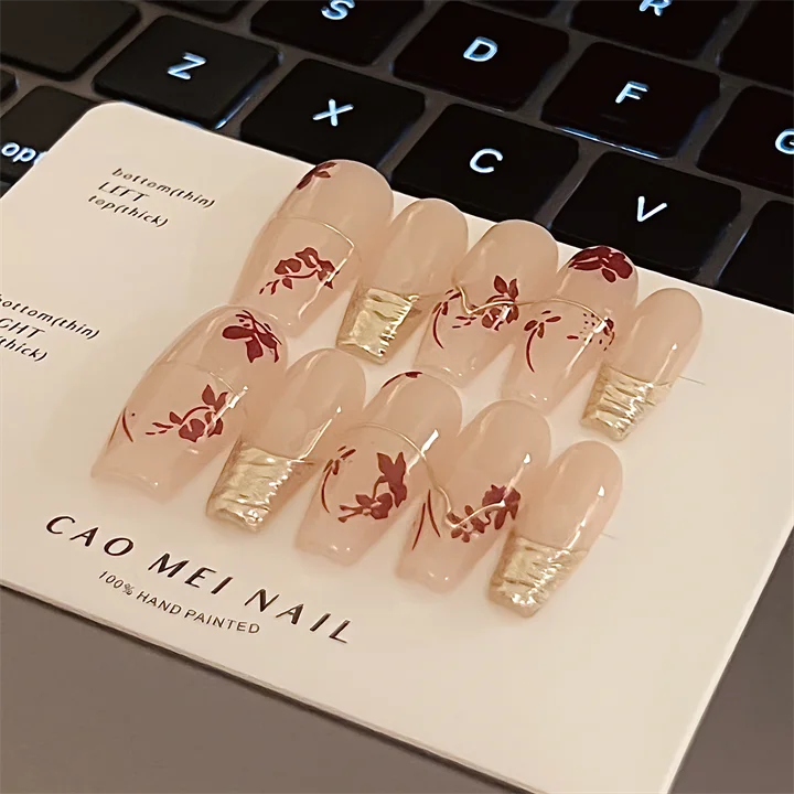 ネイルチップ プレスオンネイル ハンドメイド メタルライン フラワーデザイン ヌードベージュ おしゃれ 「BB」