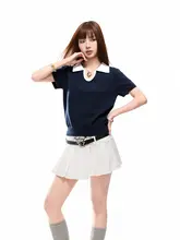 ポロ襟の配色半袖Tシャツ【女性用・ウエストシェイプ・夏用】