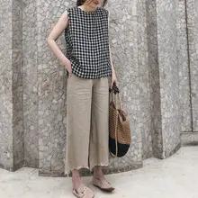 レディース 春夏用 大きいサイズ 無地チェック柄 ノースリーブシャツ【コットンリネン】