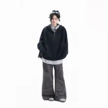 アメリカンビンテージ風 スプレーグラフィックジップアップフード付きカーディガン【ゆったりしたデザイン】