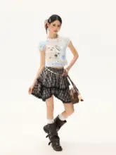 犬のプリント付きフリル袖夏用Tシャツ【女性用・フィット感・透け感あり】