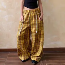 レトロチェック柄のカジュアルパンツ【女性用・ストリートスタイル・ワイドレッグ・ゆったり・スリム効果】（セットアップ対応）