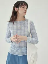 ブルーチェック柄レース付き薄手長袖Tシャツ【レディース・フィット感のあるデザイン】