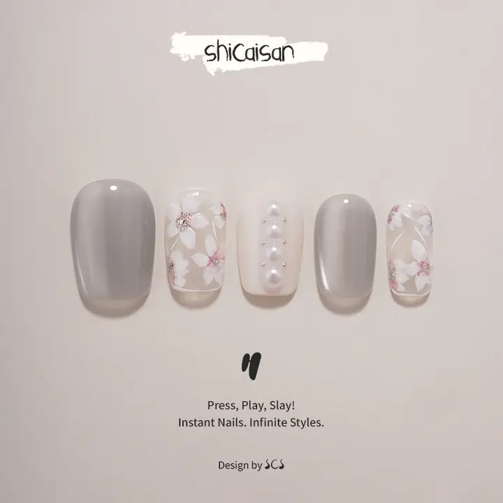 ネイルチップ 付け爪 ショート ハンドメイド 上品 チャイナテイスト パール 猫目ストーン