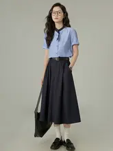 HUIXI 夏用 高腰 Aラインスカート【深い青色・通勤・ロング丈】