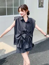 夏用 レディース グレーシャツとショートパンツのコーディネート【デザイン性・通勤スタイル・カジュアル】（セットアップ対応）