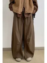 ワークパンツ ユニセックス ワイド ルーズ ヴィンテージ ゴムウエスト タック コーヒーブラウン 夏