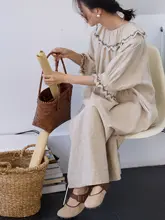 TIONGTIONG 刺繍飾り付きドロップショルダーワンピース【フリル袖・夏用・ゆったりデザイン】