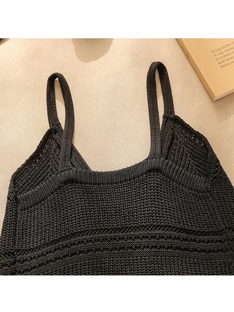 黒の夏用ニットベスト：韓式透かし編みで通気性とシンプルさを実現