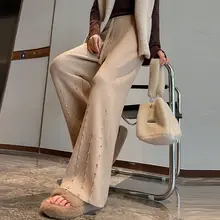 デザイン性のある重工ビジュー編みニットパンツ【春用・スリムストレート・カジュアル】