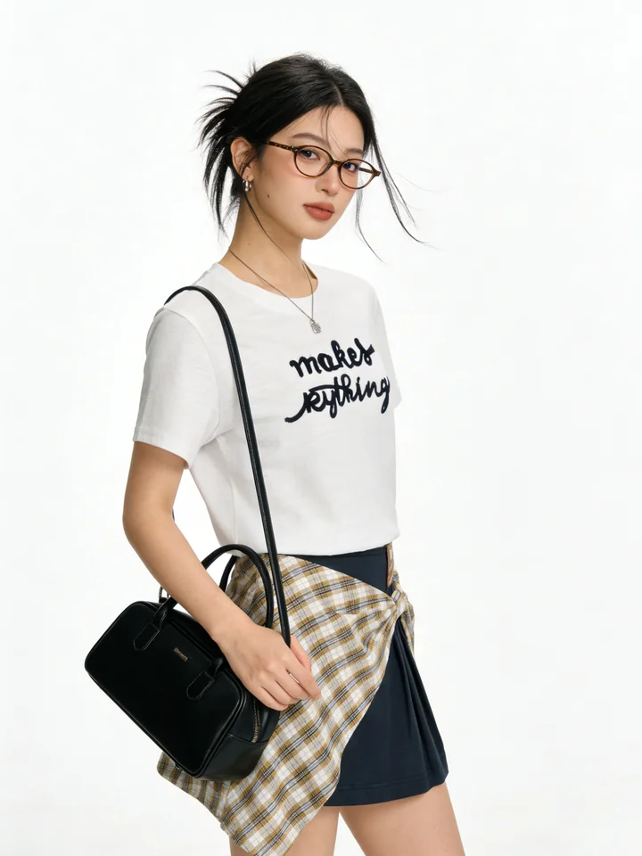 2点セット レディース 半袖Tシャツ レタープリント フェイクレイヤード チェック柄 スカート リボン 着痩せ カジュアル
