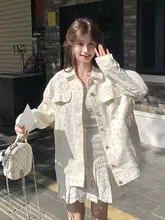 デザイン性の高いデニムジャケットとミニスカートのコーディネート【透かし編み・春用】（セットアップ対応）