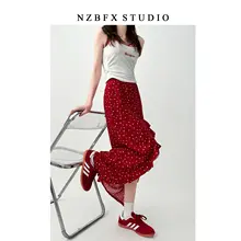 大きいサイズ レディース 不規則フリルデザインのハイウエストスカート【赤いフラワープリント・フィッシュテール・開衿デザイン】（セットアップ対応）