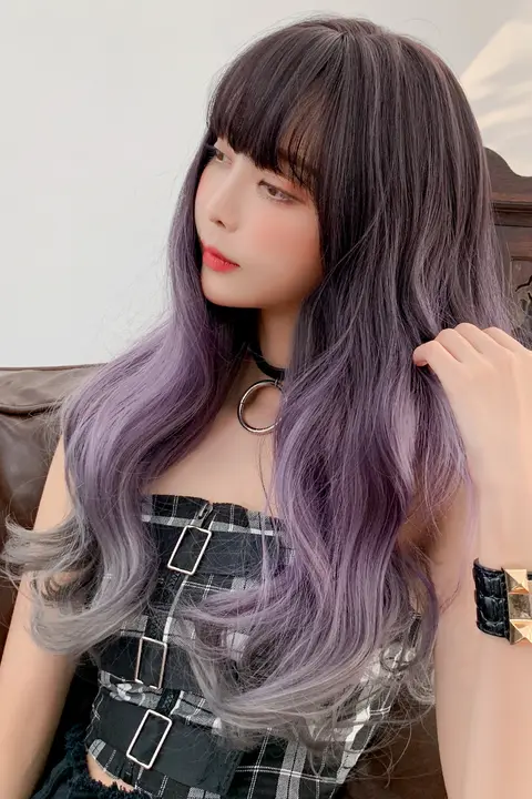 女性用ロングカールウィッグ【グラデーションカラー・紫色・ボリューム感あり・リアルな大波浪・フルヘッドタイプ】