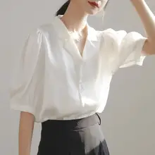 半袖シャツ 女性 Vネック エレガント スタイル ゆったりサテン