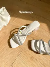 真皮製の爽やかなサンダル【水晶ディテール・カジュアルデザイン・スクエアトゥ・高ヒール】