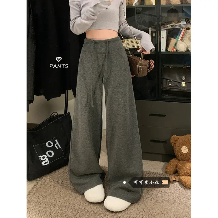 グレーのラフパンツ【ウエストゴム・ドローストリング・ワイドレッグ・高腰・裏起毛】