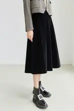 黒のベルベットウールハイウェスト膝丈スカート【Aライン・冬用・女性用】